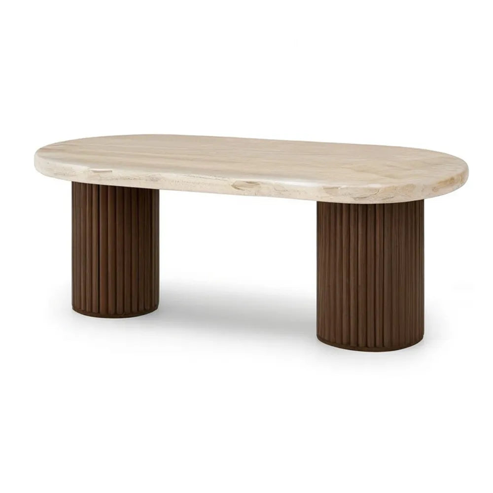 Stolik kawowy, Owalny stolik do kawy 120 x 60 x 40 cm z beżowym kamiennym efektem górne i brązowe nóżki cylindryczne