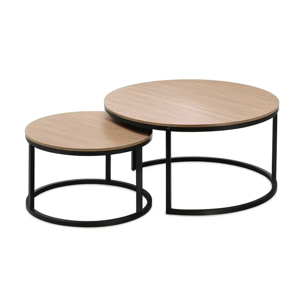 Stolik kawowy, Zestaw 2 okrągłych stołów z czarną stalową nogą 80 x 45 cm i 60 x 40 cm MDF tacki