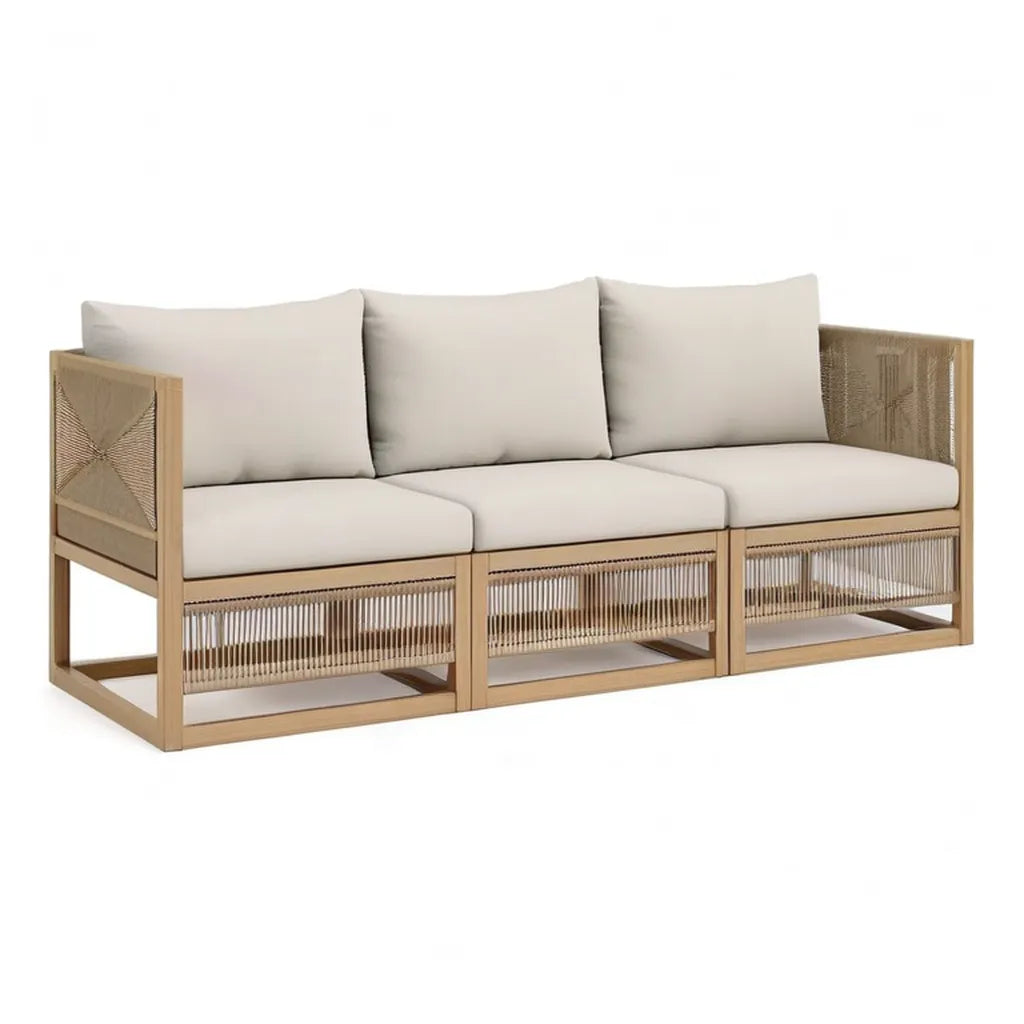 Sofa ogrodowa, Zestaw do siedzenia 3-osobowej sofy ogrodowej z litego drewna acacia z polipropylenowym kablem pokrywającym prostokątna beżowy 240 x 80 x 73 cm