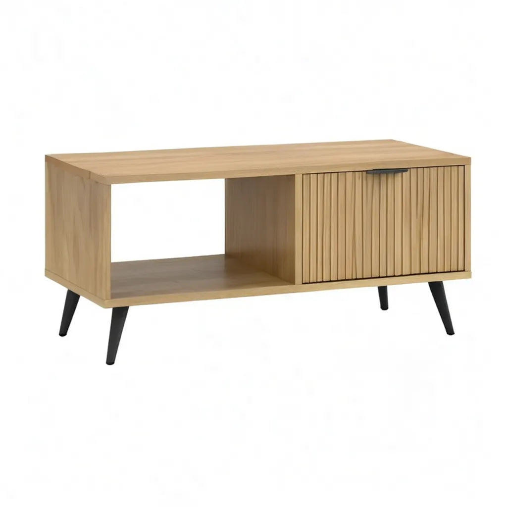 Stolik kawowy, Stół do kawy z drzwiami przesuwanymi 100 x 50 x 45 cm MDF Dąb naturalny optyka prostokątna naturalna / czarna