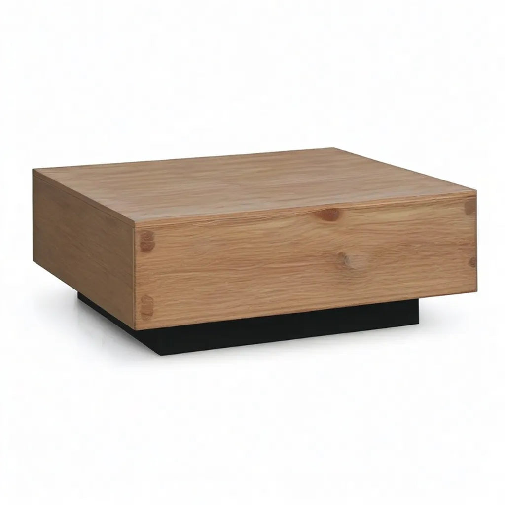 Stolik kawowy, Kwadratowy stolik kawowy 100 x 100 x 35 cm w melaminowanych panelach z dębowym wystroju z czarną podstawą