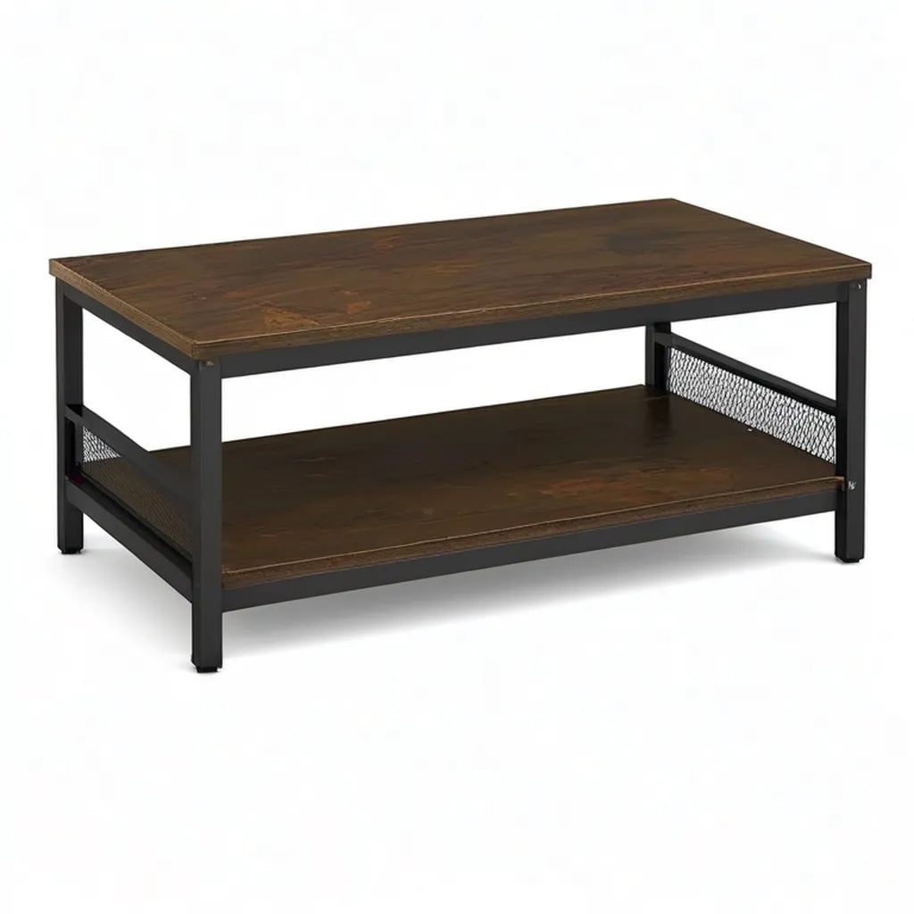 Stolik kawowy, Prostokątny stolik do kawy 100 x 50 x 45 cm z półką MDF z ciemnym dębem i czarną stalą