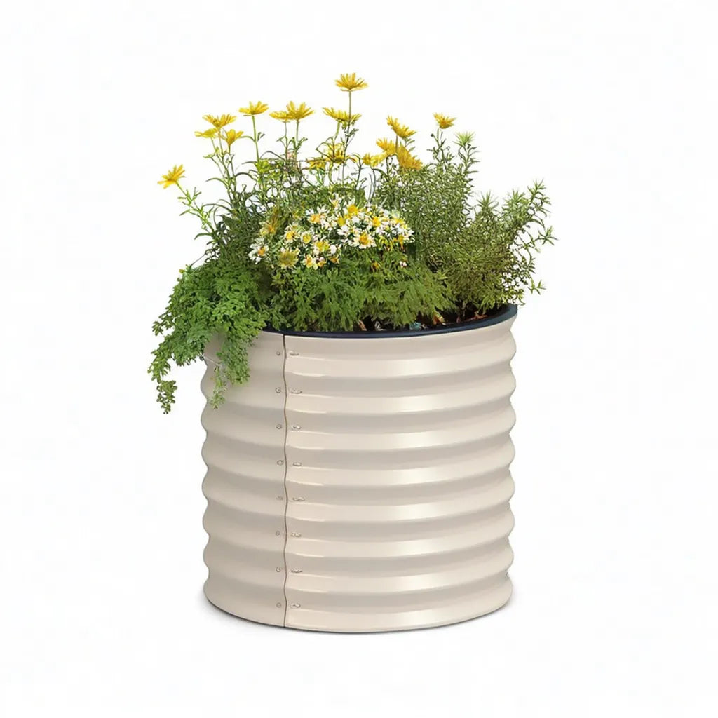 Donica, Okrągłe, podniesione wiadra z ocynkowanej stali 60 x 60 cm w kremie białym