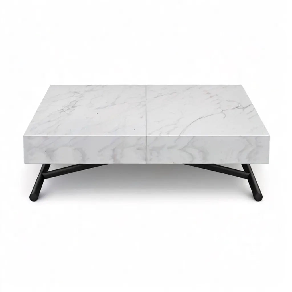 Stolik kawowy, Kwadratowy stolik kawowy 100 x 100 x 35 cm MDF top biały marmur dekoracji podstawy czarny stal