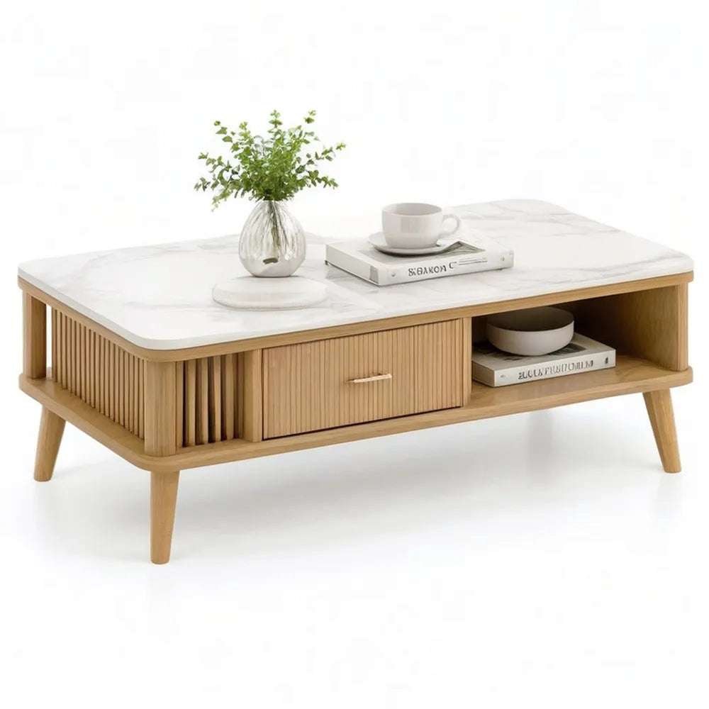 Stolik kawowy, Prostokątny, lekki stolik do kawy z białym marmurem, szuflada i nisza magazynowa 120 x 60 x 45 cm