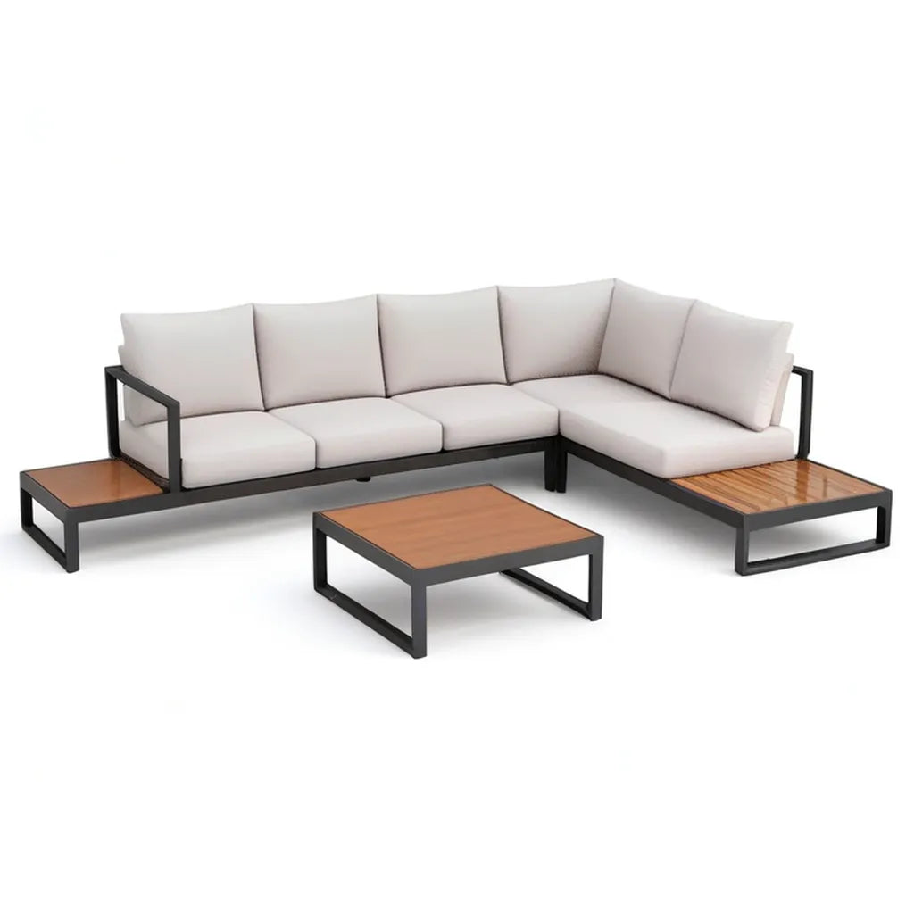 Sofa ogrodowa, Ogród salon narożnik sofa zestaw 270 x 200 cm aluminium WPC beżowy brązowy czarny