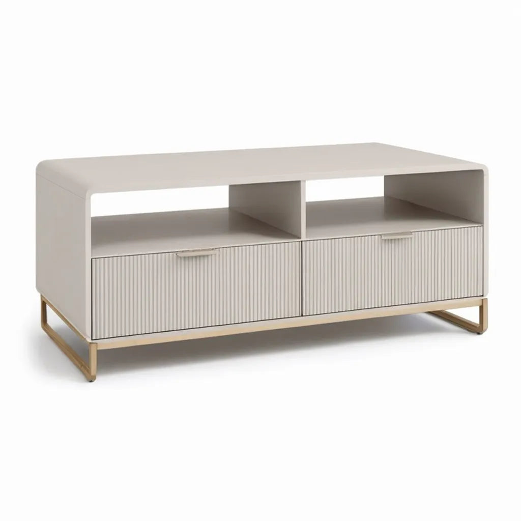 Stolik kawowy, Prostokątny stół do kawy z magazynem 120 x 40 x 55 cm w kolorze białym MDF i stali złotej