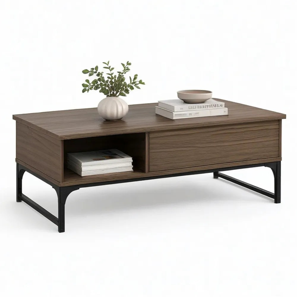 Stolik kawowy, Stół do kawy 120 x 60 x 45 cm brązowy z przechowalnią MDF stołowy top i czarna rama stalowa